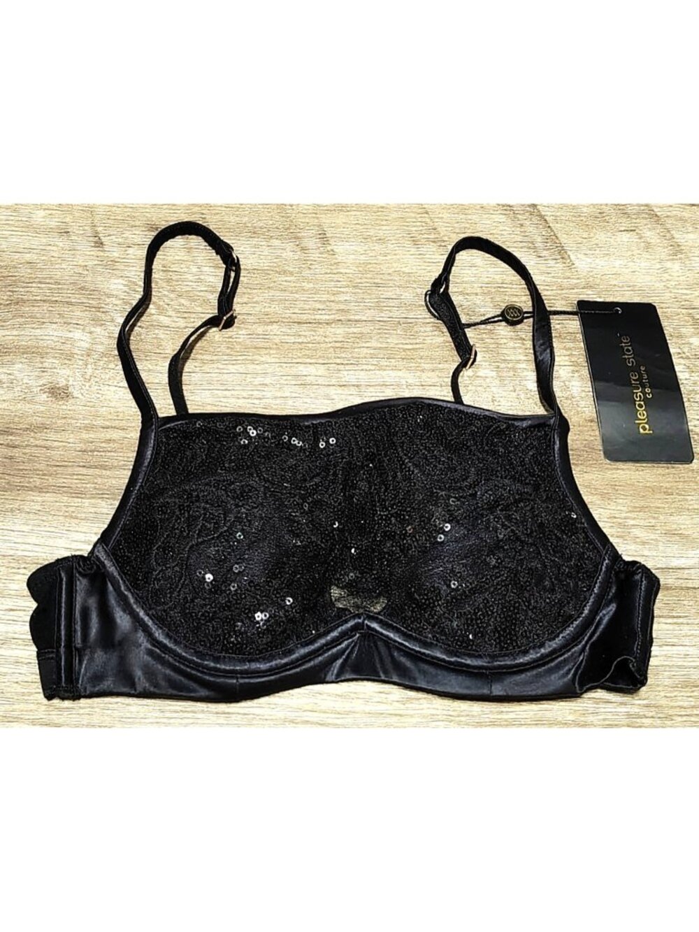 New Pleasure State Couture Black Lace Sequin Knockout Balconette Pushup Bra 32B